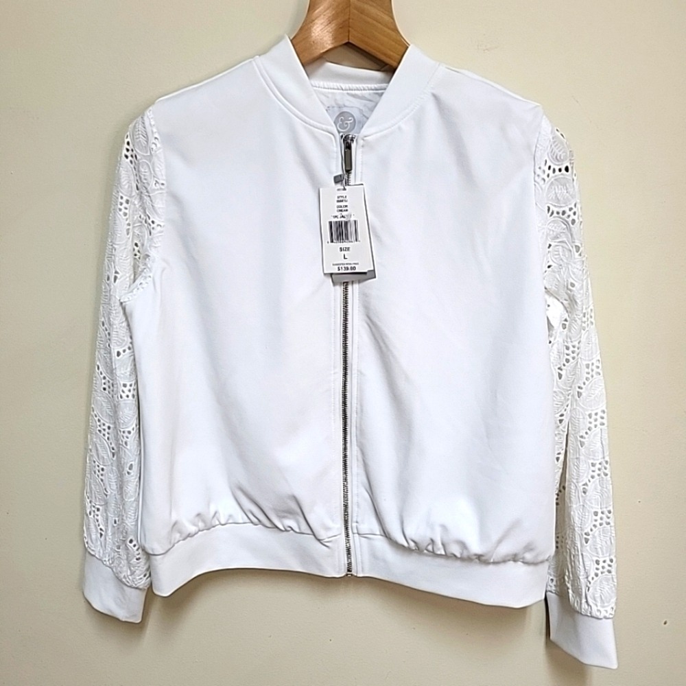 NWT Kilburne & Finch‎ Women's Large Zip-Up Jacket Eyelet Lace Sleeves White $139